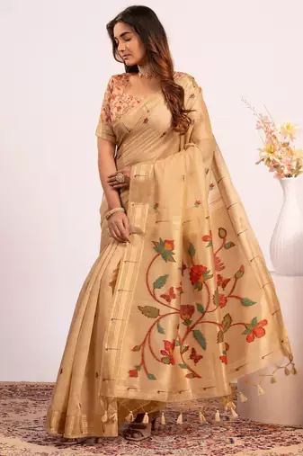 chiku muga cotton paithani weaving partywear saree