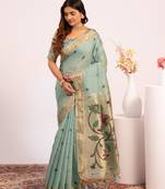 firozi color muga cotton fabric paithani weaving designer partywear saree