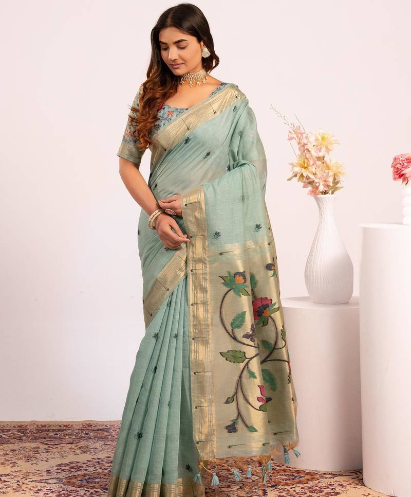 firozi color muga cotton fabric paithani weaving designer partywear saree