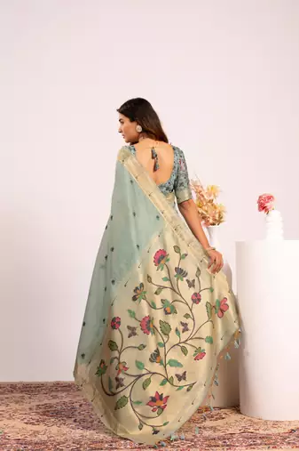 firozi muga cotton paithani weaving partywear saree