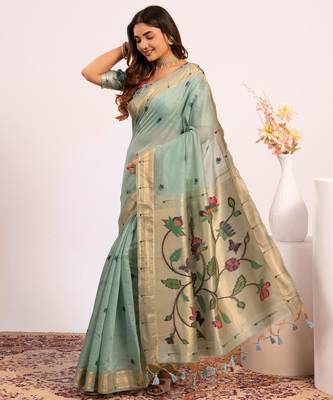 firozi muga cotton paithani weaving partywear saree 4