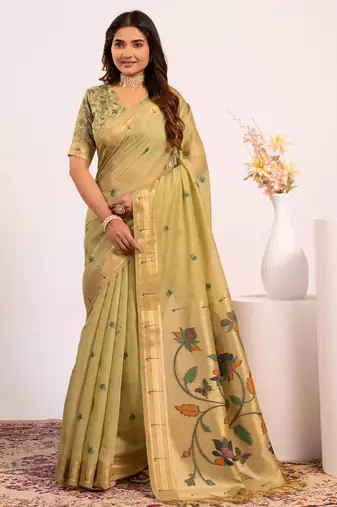 pista color muga cotton fabric paithani weaving designer partywear saree