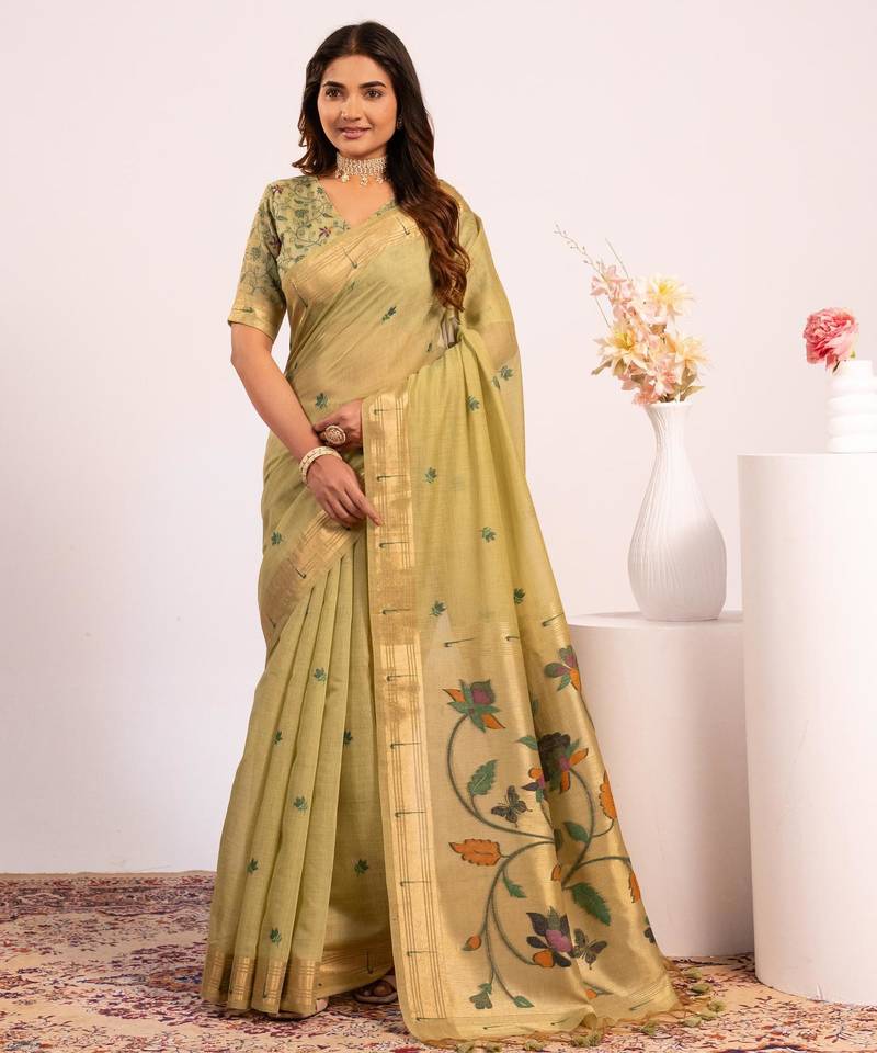 pista color muga cotton fabric paithani weaving designer partywear saree