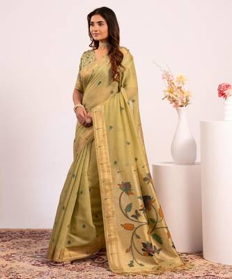 pista muga cotton paithani weaving partywear saree 5