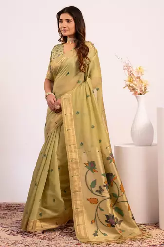 pista muga cotton paithani weaving partywear saree