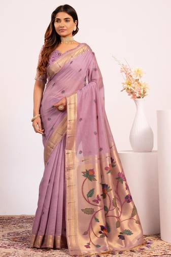 purple color muga cotton fabric paithani weaving designer partywear saree