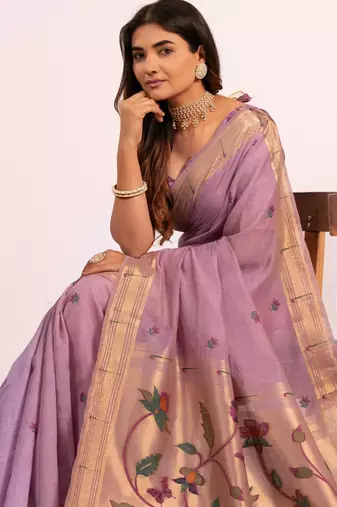 purple muga cotton paithani weaving partywear saree
