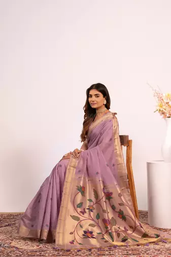 purple muga cotton paithani weaving partywear saree
