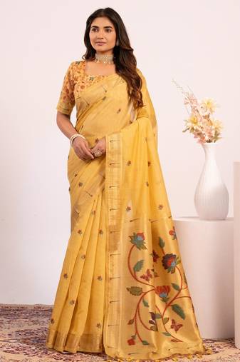 yellow color muga cotton fabric paithani weaving designer partywear saree