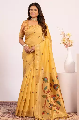yellow color muga cotton fabric paithani weaving designer partywear saree