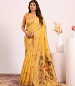 yellow color muga cotton fabric paithani weaving designer partywear saree