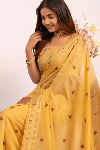 yellow muga cotton paithani weaving partywear saree