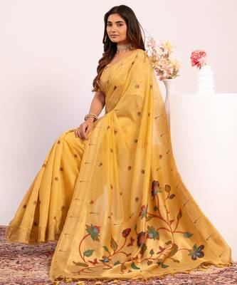 yellow muga cotton paithani weaving partywear saree 5