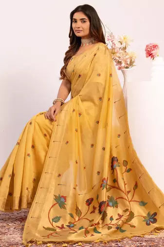 yellow muga cotton paithani weaving partywear saree