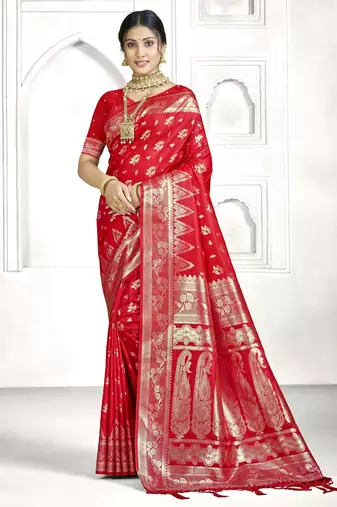 red color banarasi art silk woven designer saree