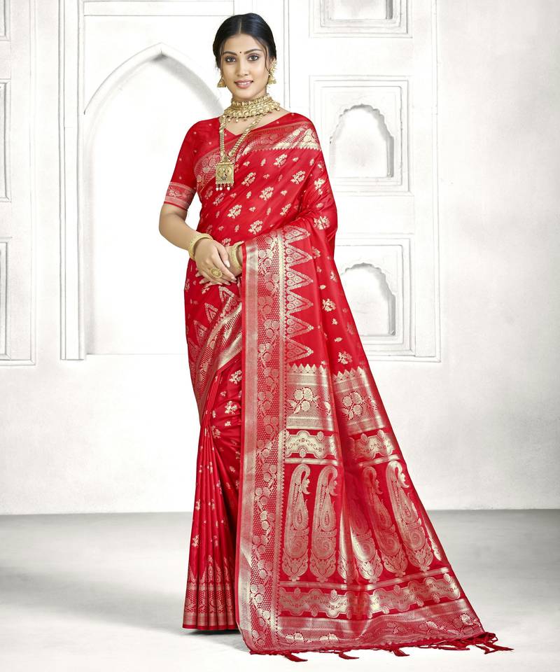 red color banarasi art silk woven designer saree