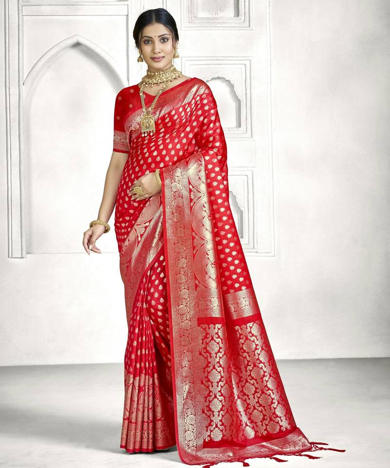 red color banarasi art silk woven designer saree