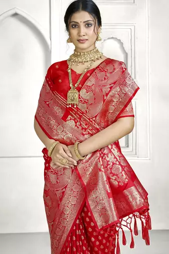 red faux banarasi art silk blend woven saree