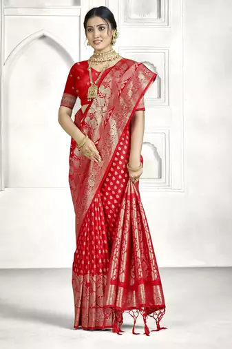 red faux banarasi art silk blend woven saree