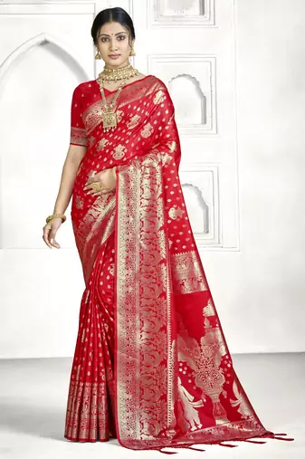 red color banarasi art silk woven designer saree