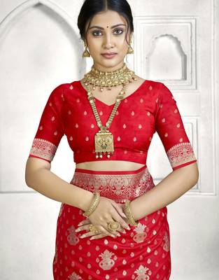 red faux banarasi art silk blend woven saree 5