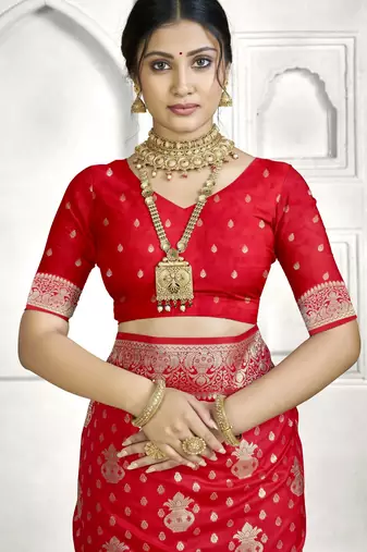 red faux banarasi art silk blend woven saree