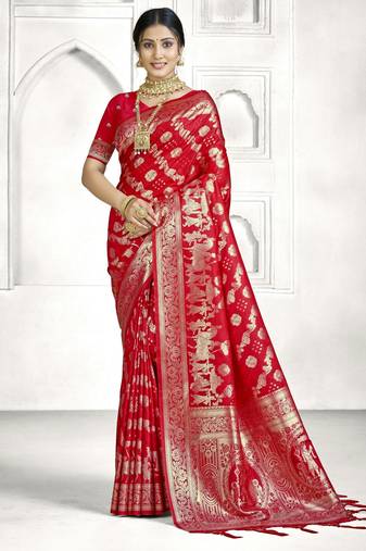 red color banarasi art silk woven designer saree