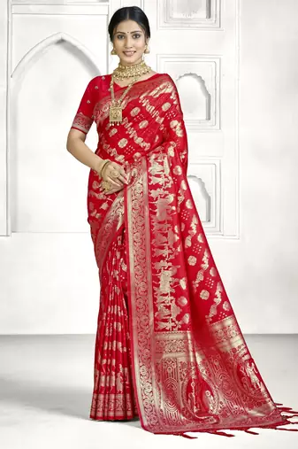 red color banarasi art silk woven designer saree