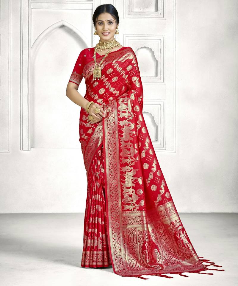 red color banarasi art silk woven designer saree