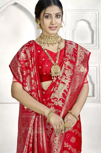 red faux banarasi art silk blend woven saree