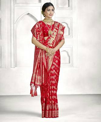 red faux banarasi art silk blend woven saree 4