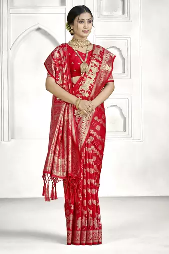red faux banarasi art silk blend woven saree