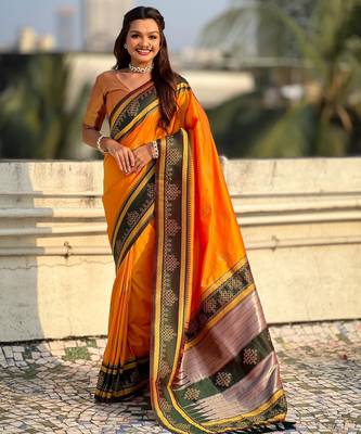 orange soft silk blend woven saree ceremonial looks 1