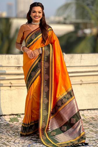 orange color soft silk blend woven designer saree for ceremonial looks