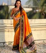 orange color soft silk blend woven designer saree for ceremonial looks