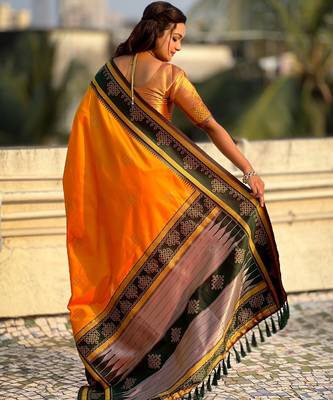 orange soft silk blend woven saree ceremonial looks 2