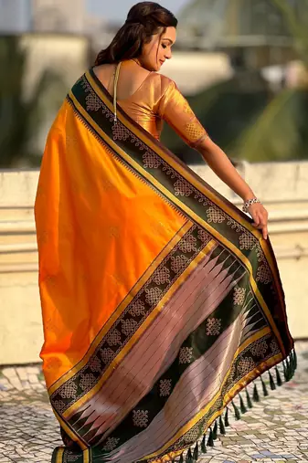 orange soft silk blend woven saree ceremonial looks