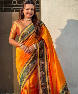 orange soft silk blend woven saree ceremonial looks 3