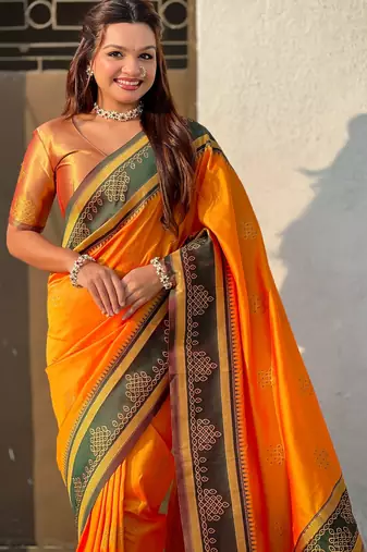 orange soft silk blend woven saree ceremonial looks