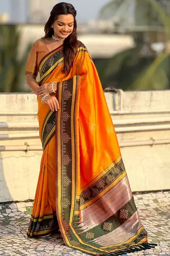 orange soft silk blend woven saree ceremonial looks