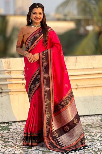 pink color soft silk blend woven designer saree for ceremonial looks