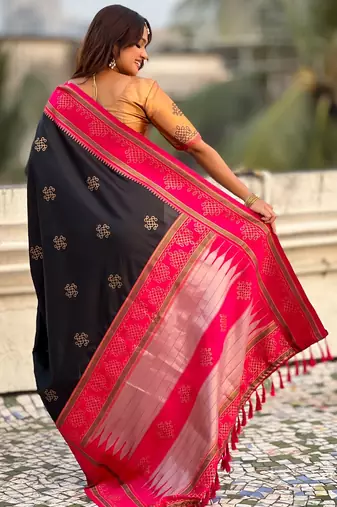 black soft silk blend woven saree ceremonial looks