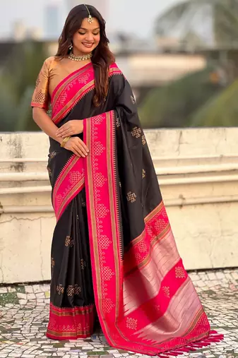 black soft silk blend woven saree ceremonial looks