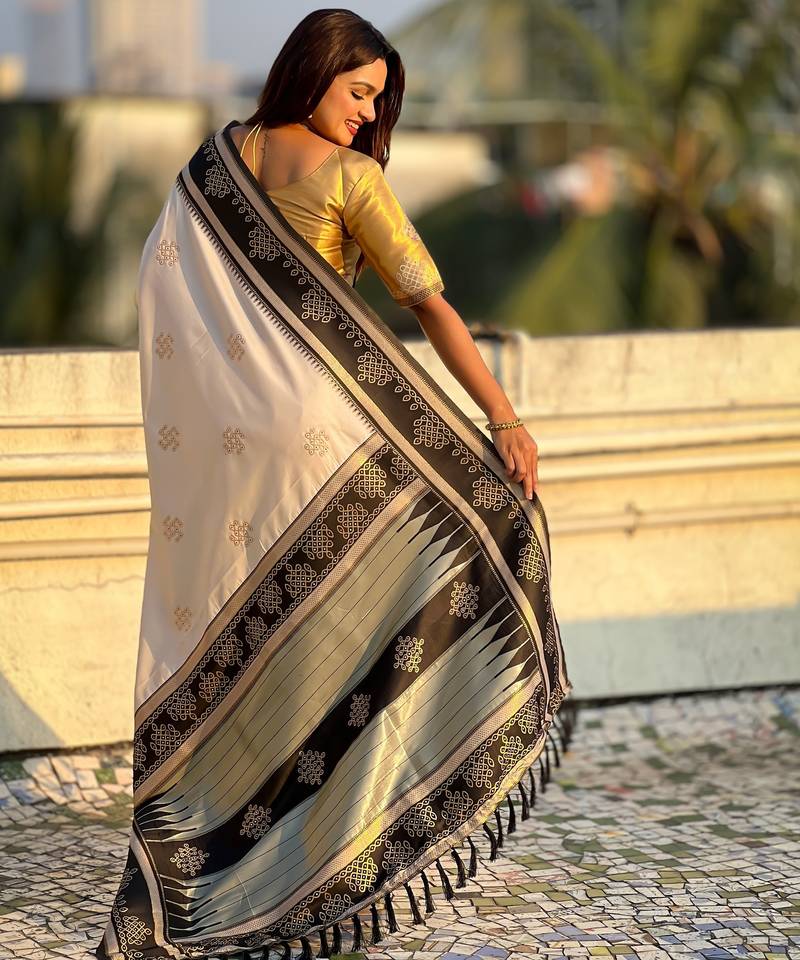 cream color soft silk blend woven designer saree for ceremonial looks