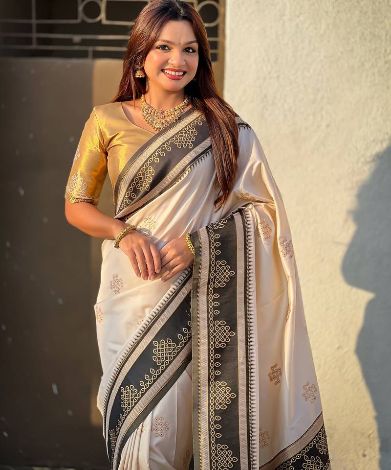cream color soft silk blend woven designer saree for ceremonial looks