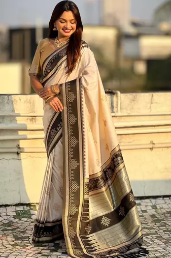 cream soft silk blend woven saree ceremonial looks