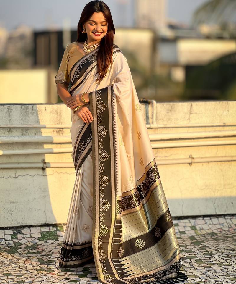 cream color soft silk blend woven designer saree for ceremonial looks