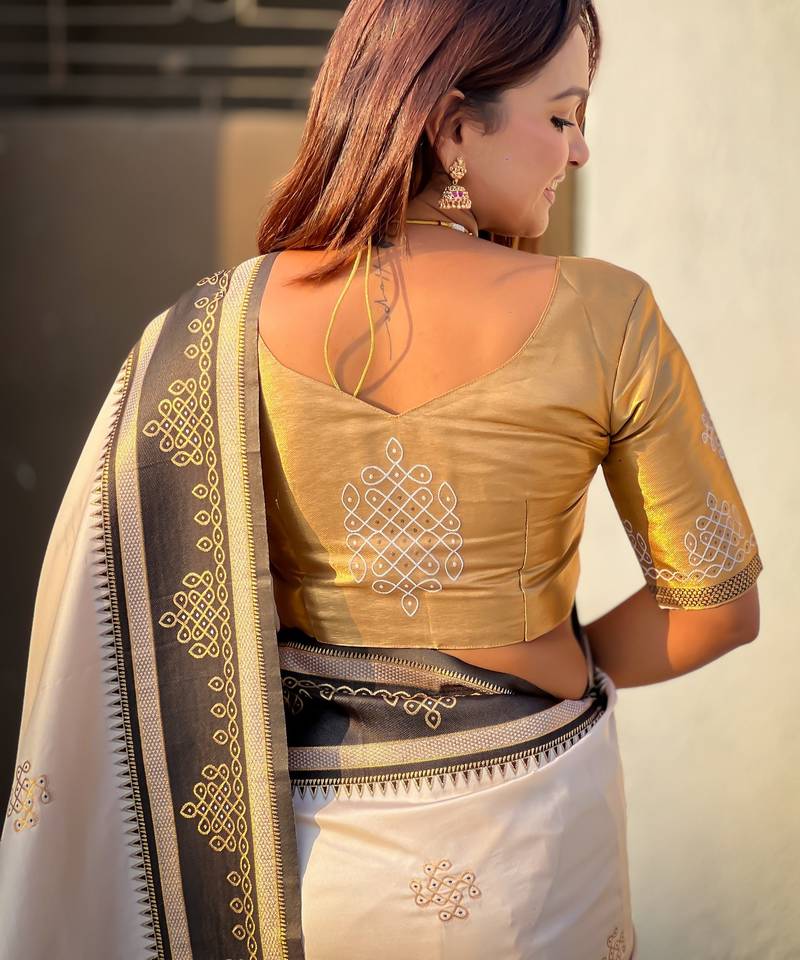 cream color soft silk blend woven designer saree for ceremonial looks