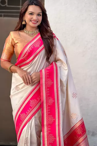 cream soft silk blend woven saree ceremonial looks