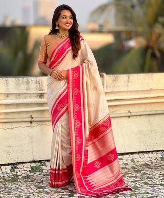 cream soft silk blend woven saree ceremonial looks 4